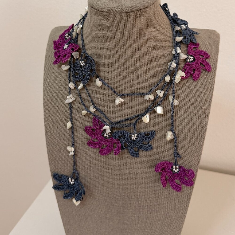 Collectable Traditional Turkish Oya Necklace, Wine, Blue & Gray, Lightweight